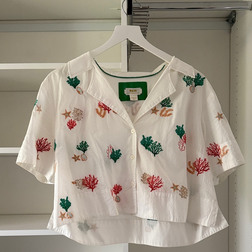 Maeve Ivory Blouse with Coral and Leaf Embroidery